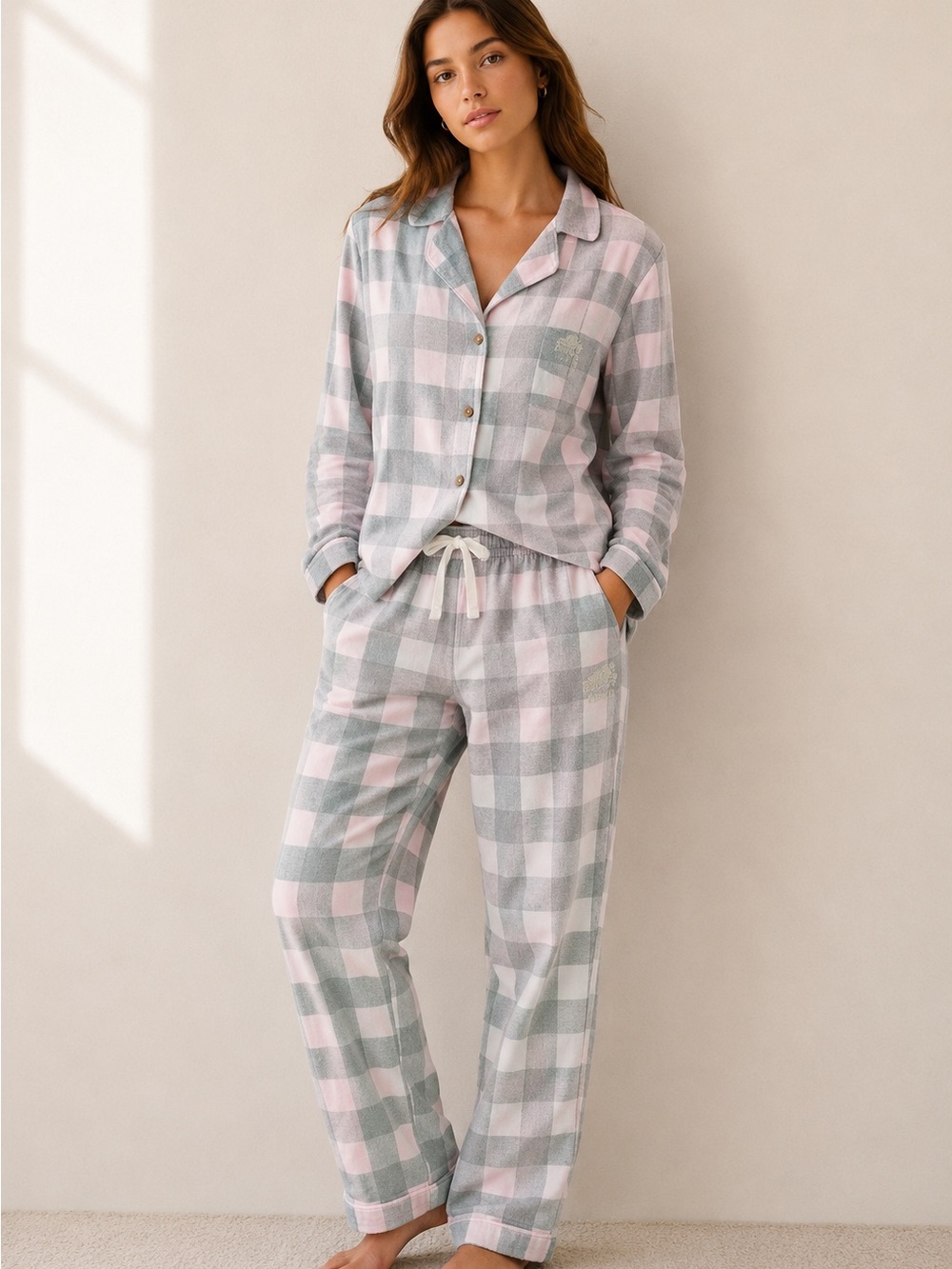 Roots Canada Pink Gray Plaid Button Up Pajama Lounge Set Home Relax retro pocket
